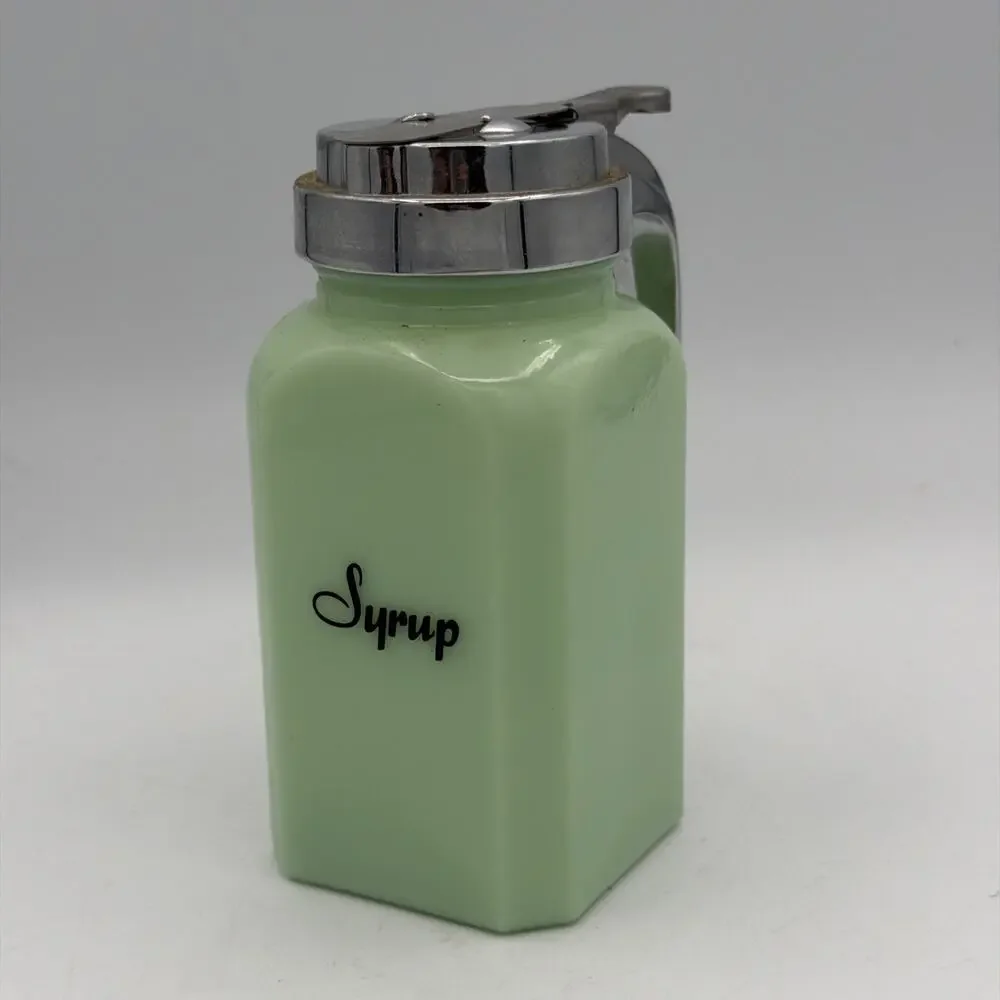 Vintage Jadeite Green MAPLE Syrup, Anchor Hocking Glass Dispenser Pancakes Gift